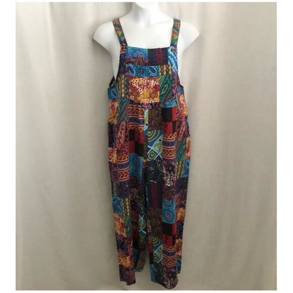 Patchwork Colorful Boho Hippie Overalls Cotton Blend Wide Leg XL - Picture 4 of 10